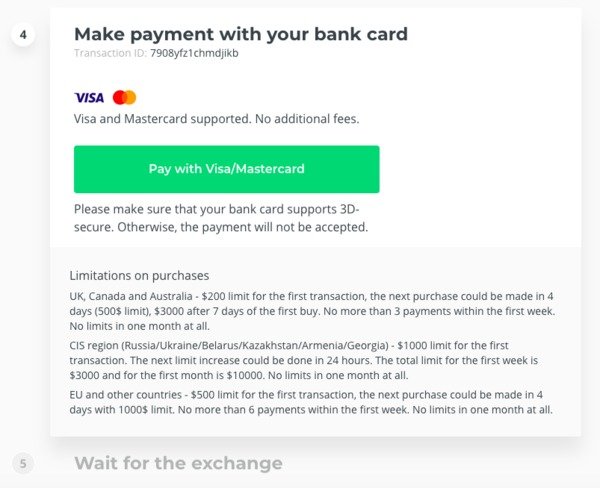Changelly make payment with your bank card page.